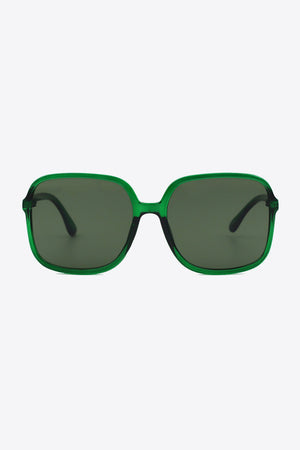 Green retro square frame sunglasses with dark lenses
