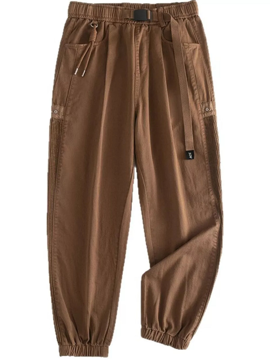 Oversized coffee cargo joggers with drawstring waist and elastic cuffs.