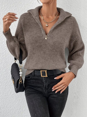 zip-up sweater in taupe featuring ribbed and relaxed fit