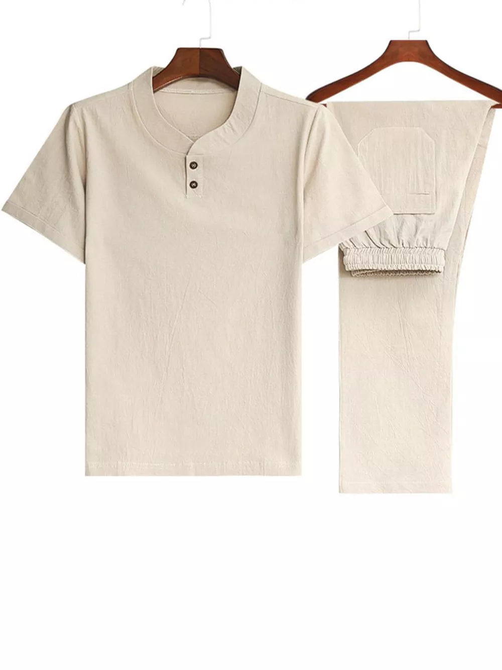 Men's casual two-piece set in Khaki with band collar shirt and drawstring pants.