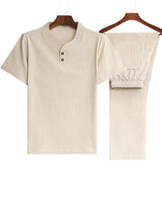 Men's casual two-piece set in Khaki with band collar shirt and drawstring pants.