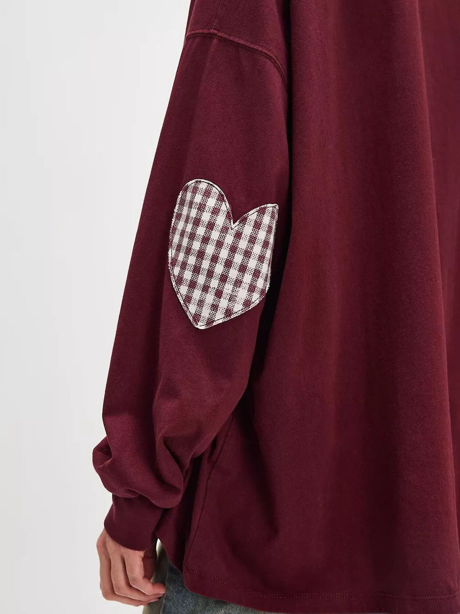 Heart Patch Long Sleeve Sweatshirt in Burgundy