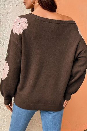Dark Brown with Floral Print Drop Shoulder Relaxed Sweater