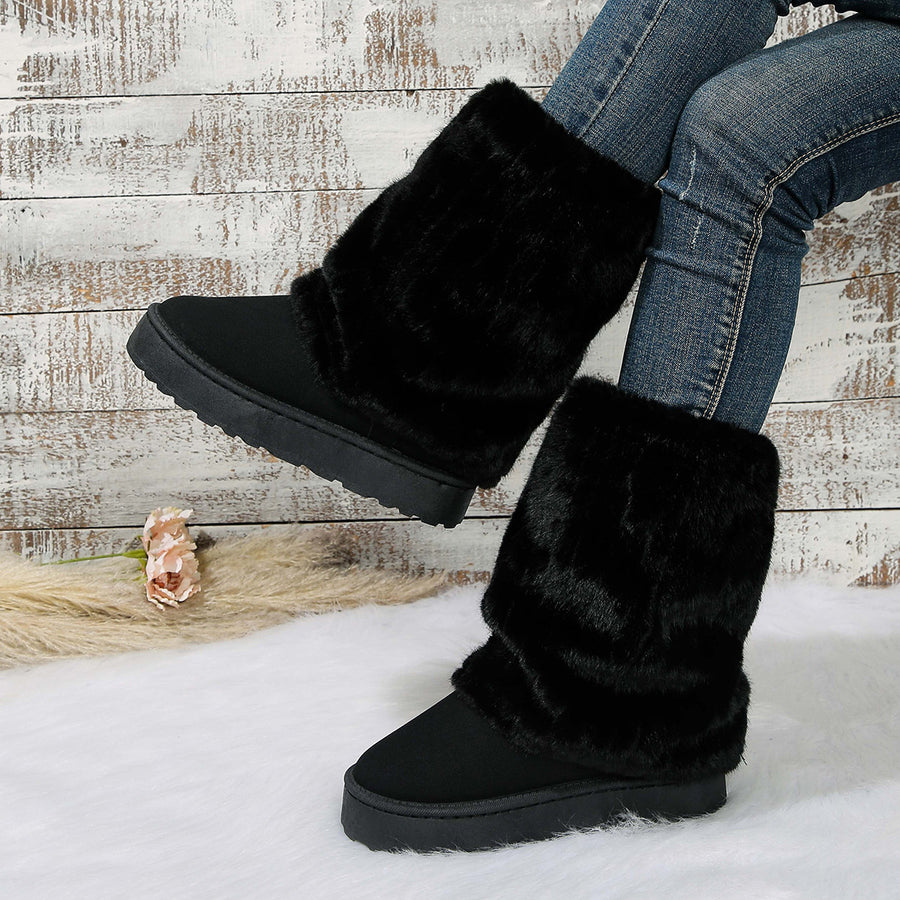 Suede Chunky-Sole Round Toe Platform Boots in camel with round toe
