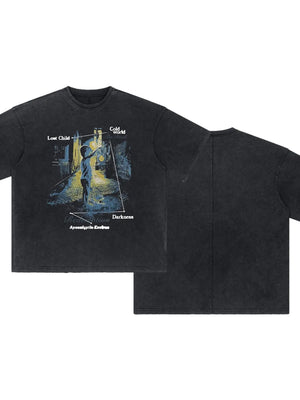 Black graphic tee with an apocalyptic scene featuring a child and text.