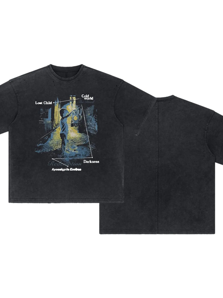 Black graphic tee with an apocalyptic scene featuring a child and text.