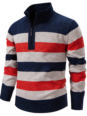 Gray with Men's Plus Size Striped Quarter-zip Sweater