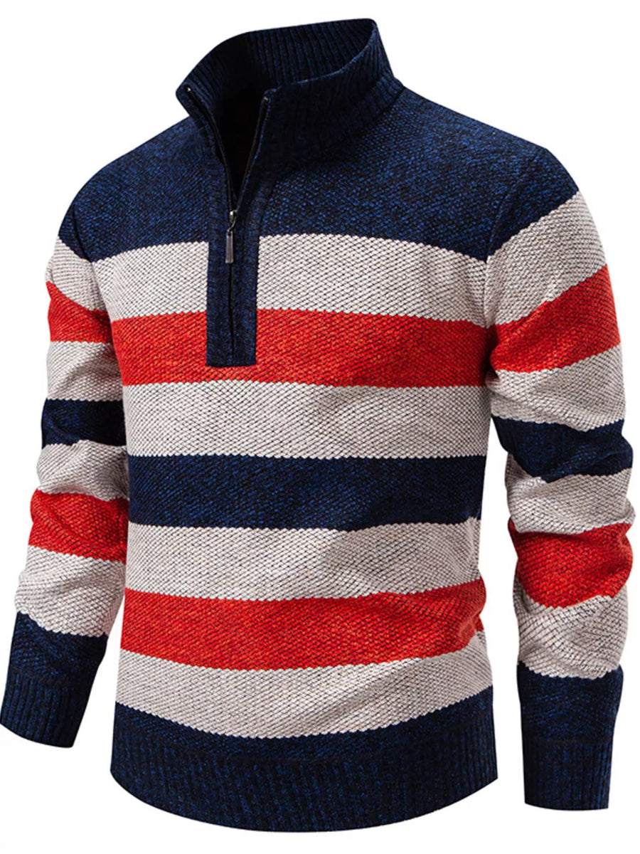 Gray with Men's Plus Size Striped Quarter-zip Sweater