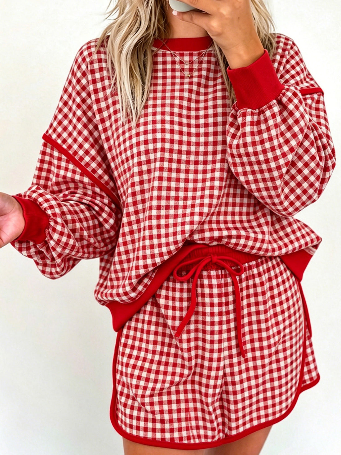 red pajama set with gingham and crew neck