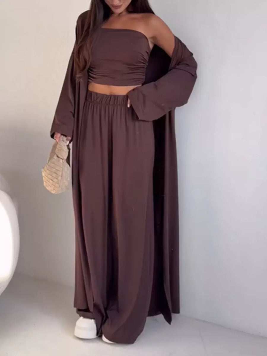 Strapless Ruched Crop Top & Wide-leg Pants Set in Black