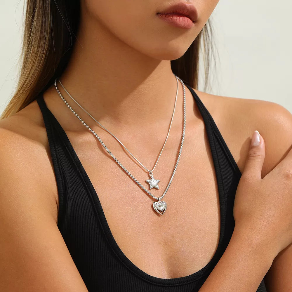 Silver 2-piece Star And Heart Pendant Alloy Necklace