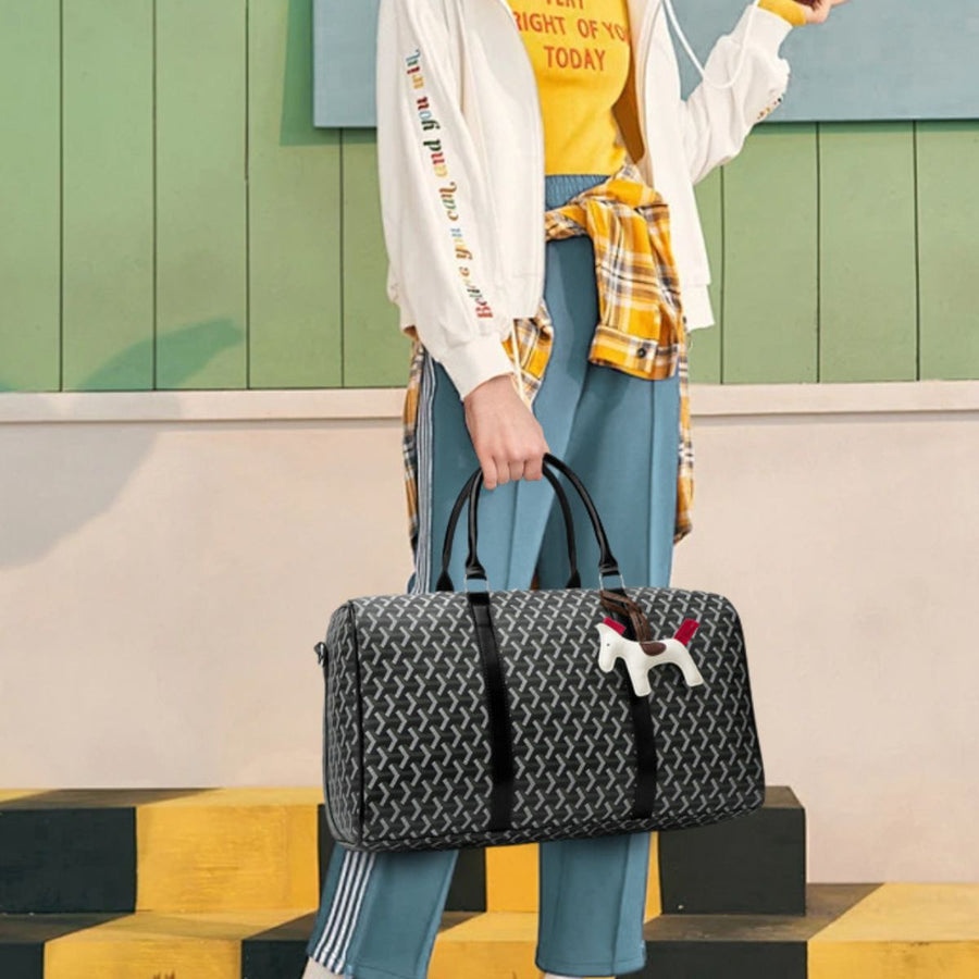 black PU Leather Imported Size &amp duffle bag with geometric and zip-front