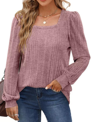 mauve pink blouse with ribbed and square neck