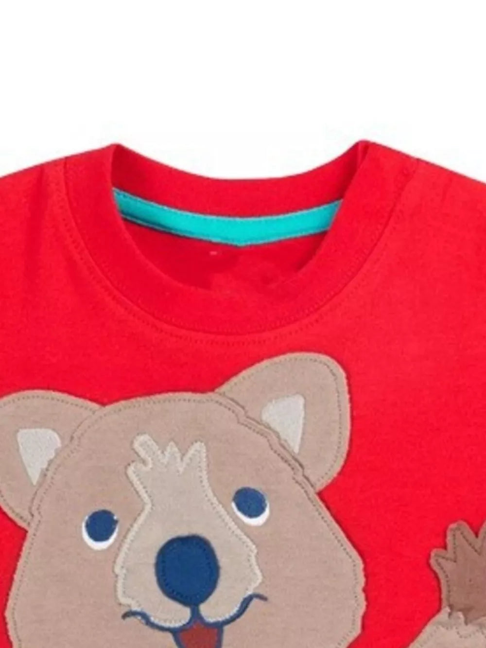 Red toddler t-shirt with playful quokka appliqué and turquoise neck trim.