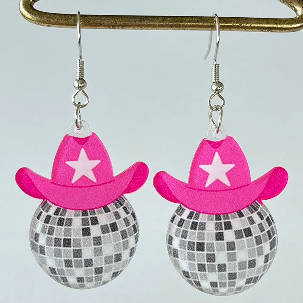 Pink cowgirl hat disco ball acrylic drop earrings with star detail