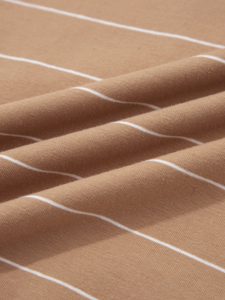Brown striped t-shirt maxi dress with a soft, stretchy knit fabric.
