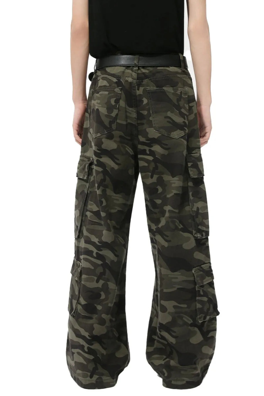 Wide-leg camo cargo pants with multiple pockets in green camouflage.