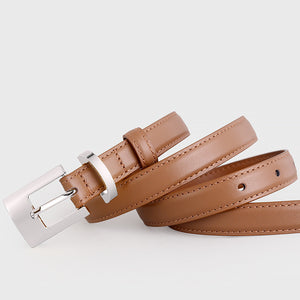 Caramel cowhide leather belt with silver buckle and stitching detail