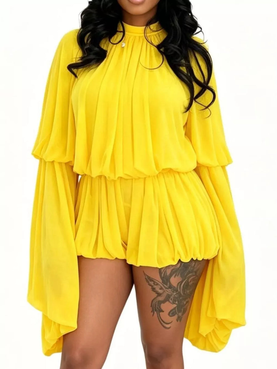 Yellow ruffled romper with bell sleeves and high neckline