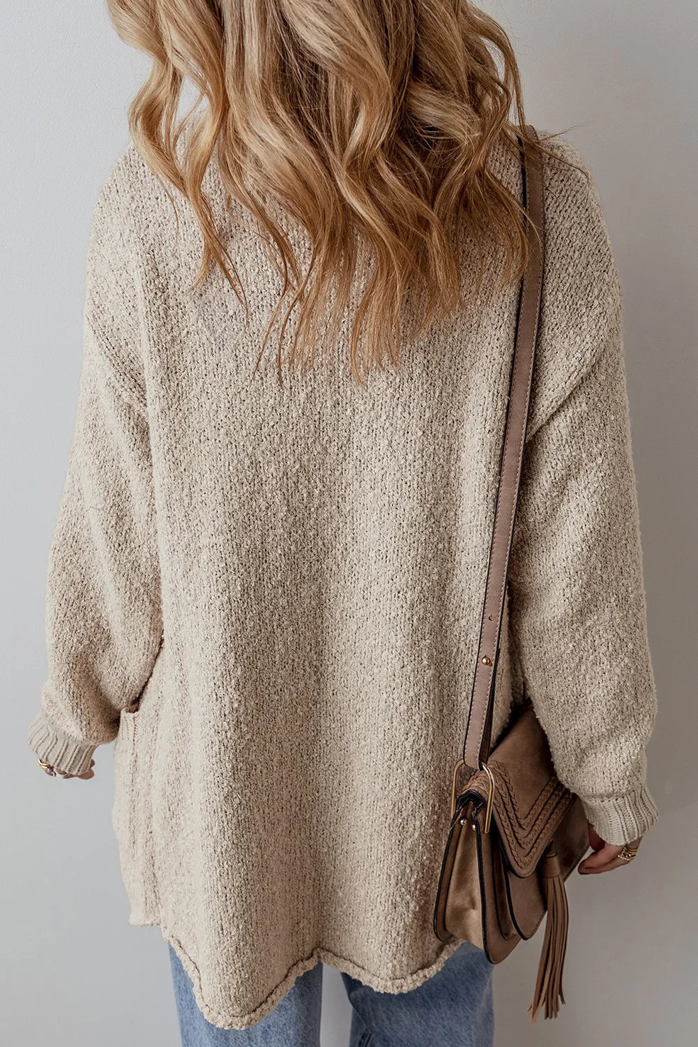 Textured knit collar cardigan in Dust Storm with button front and pockets.