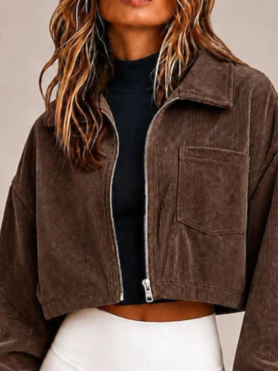 Corduroy Zip Up Cropped Jacket in Beige with pocketed