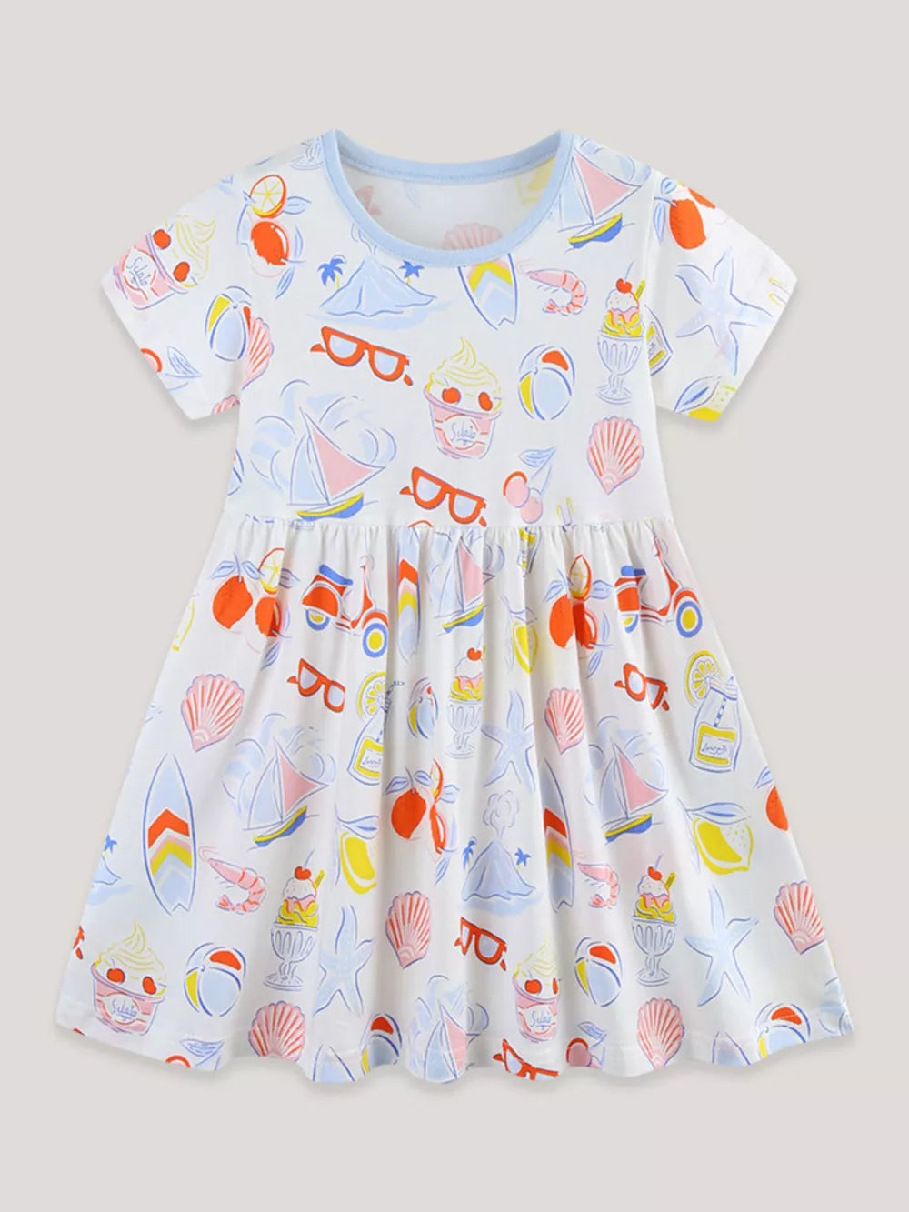 White cotton a-line toddler dress with playful summer print, short sleeves, and blue trim.