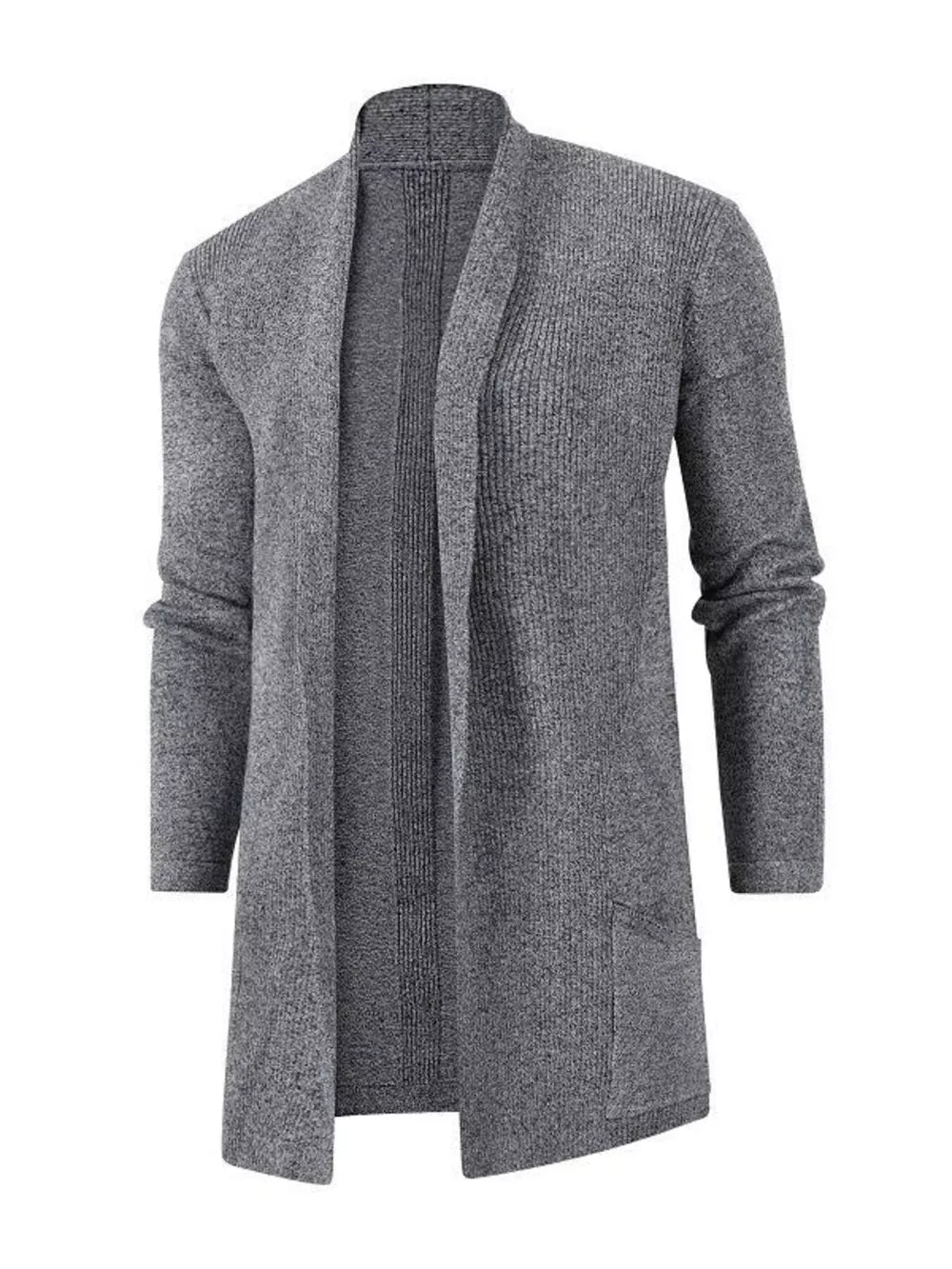 Men's heathered gray longline cardigan with pockets and open front.