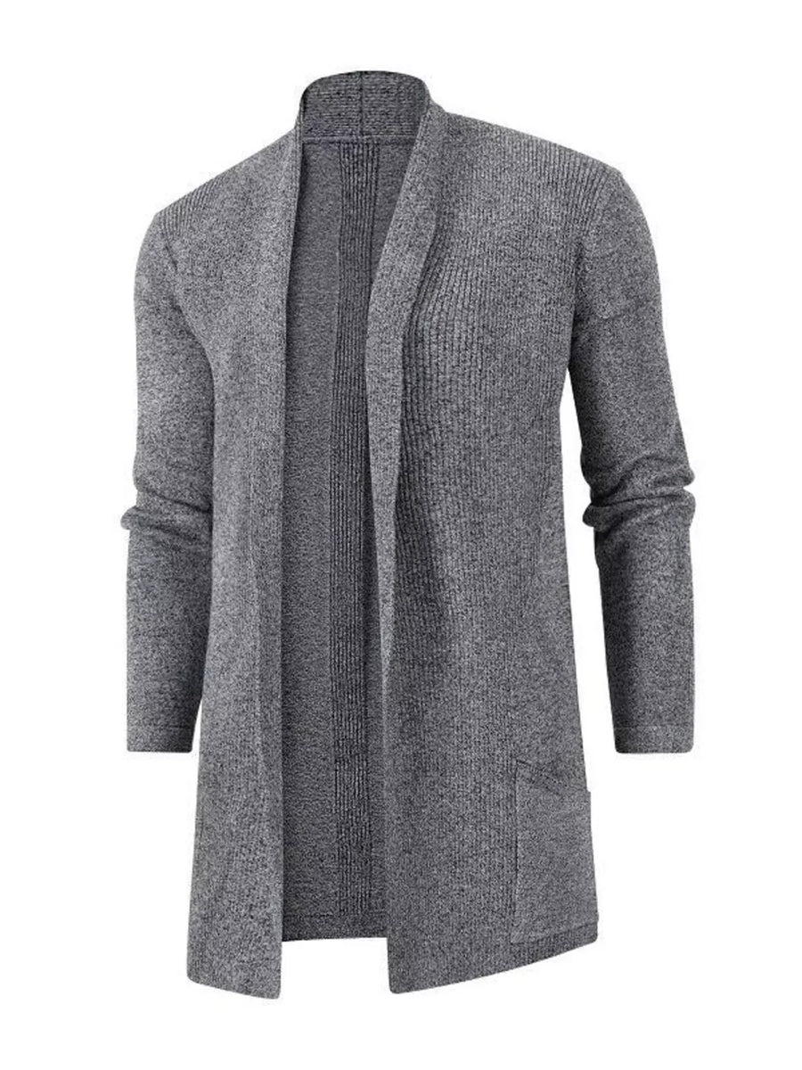 Men's heathered gray longline cardigan with pockets and open front.