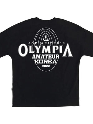 Black oversized graphic tee with Olympia Amateur Korea 2020 print