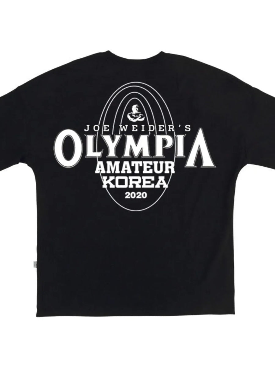 Black oversized graphic tee with Olympia Amateur Korea 2020 print