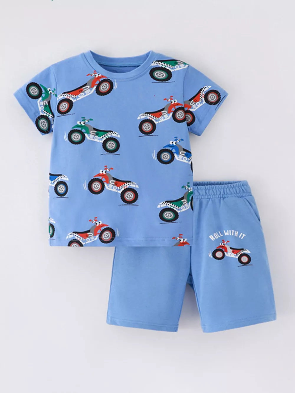Blue ATV print toddler tee and shorts set with elastic waist shorts that say Roll With It.