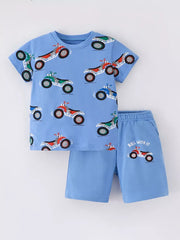 Blue ATV print toddler tee and shorts set with elastic waist shorts that say Roll With It.