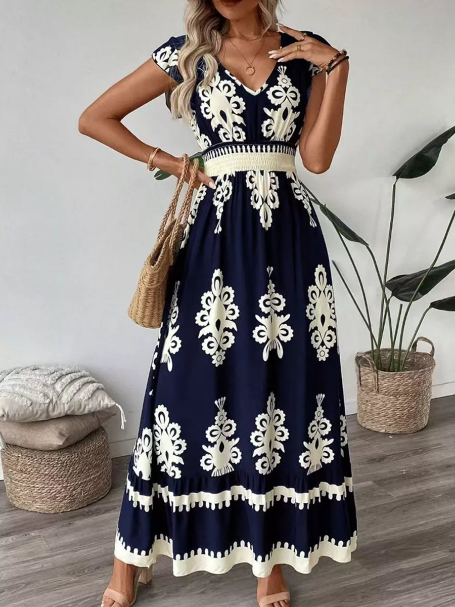 White Ruffled Printed V-neck Maxi Dress