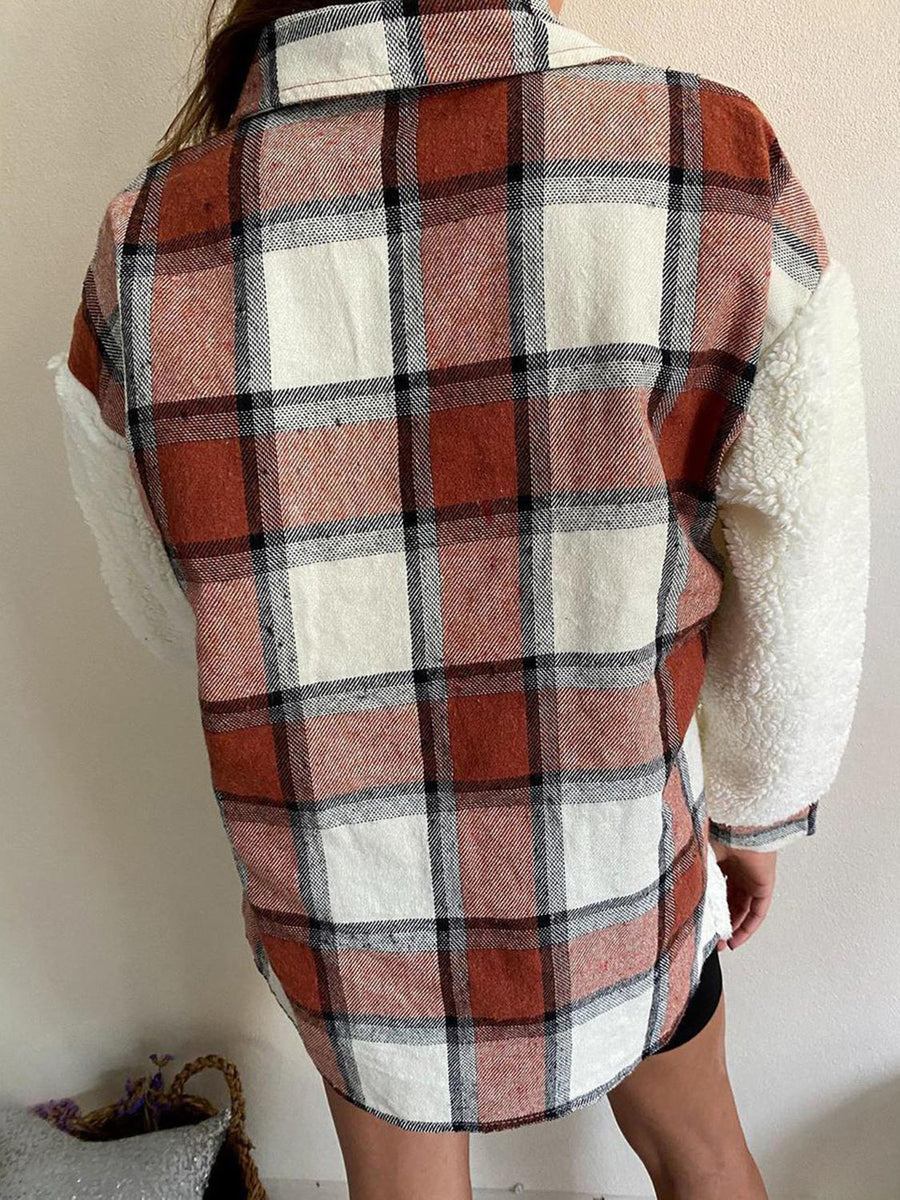 Plaid shacket with sherpa sleeves in brown and cream plaid.