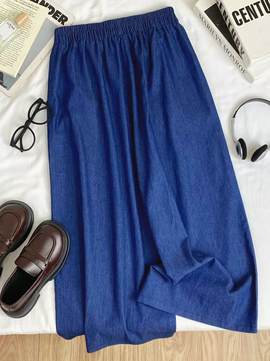 Blue denim comfort jeans with elastic drawstring waist and wide leg