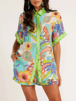 pajama set in royal blue with graphic print and pocketed