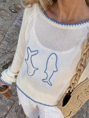 cream pullover sweater with graphic and round neck