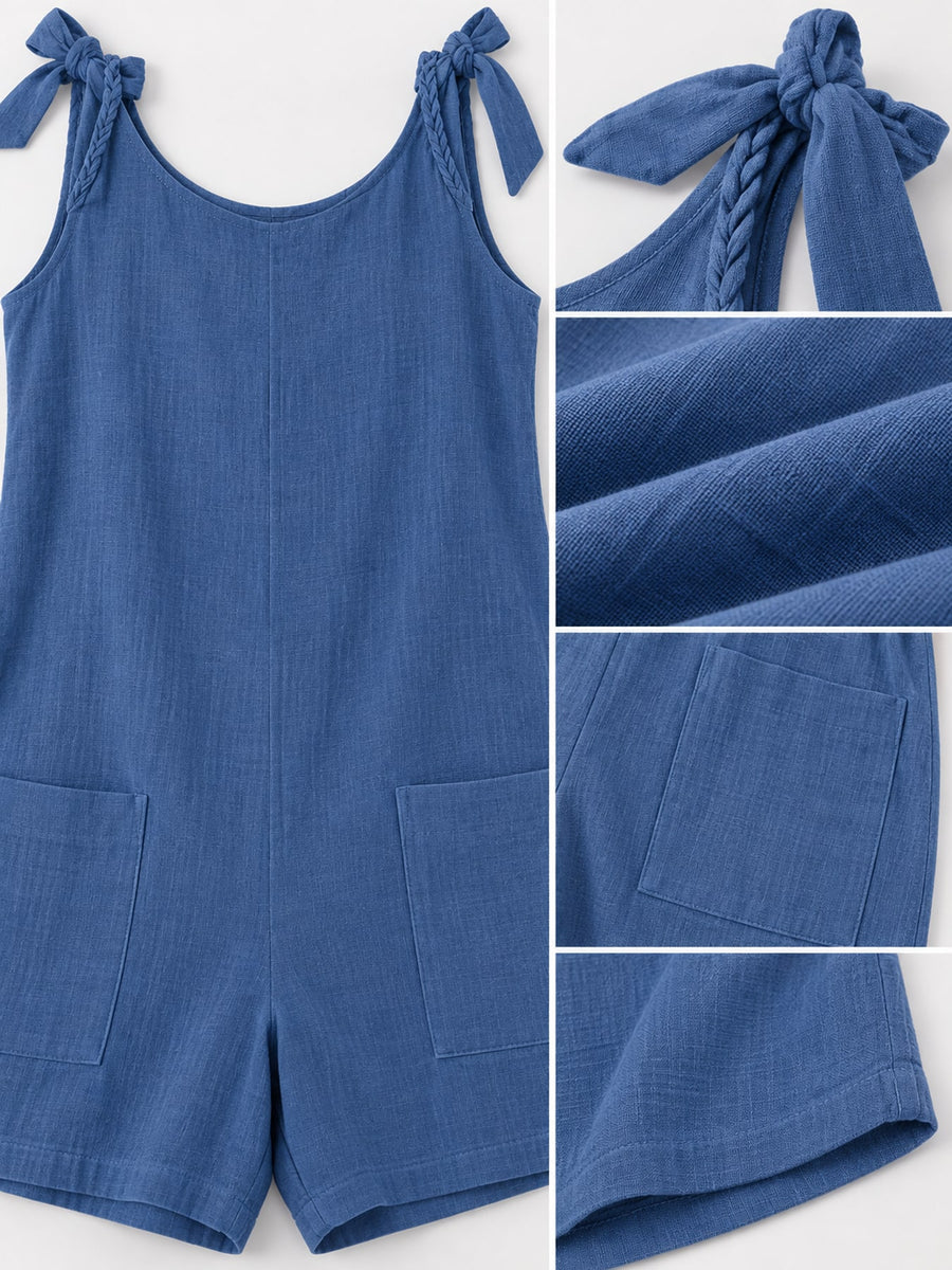 Ramie (70% to less than 80%) blended with spandex romper in Dark Blue with relaxed silhouette