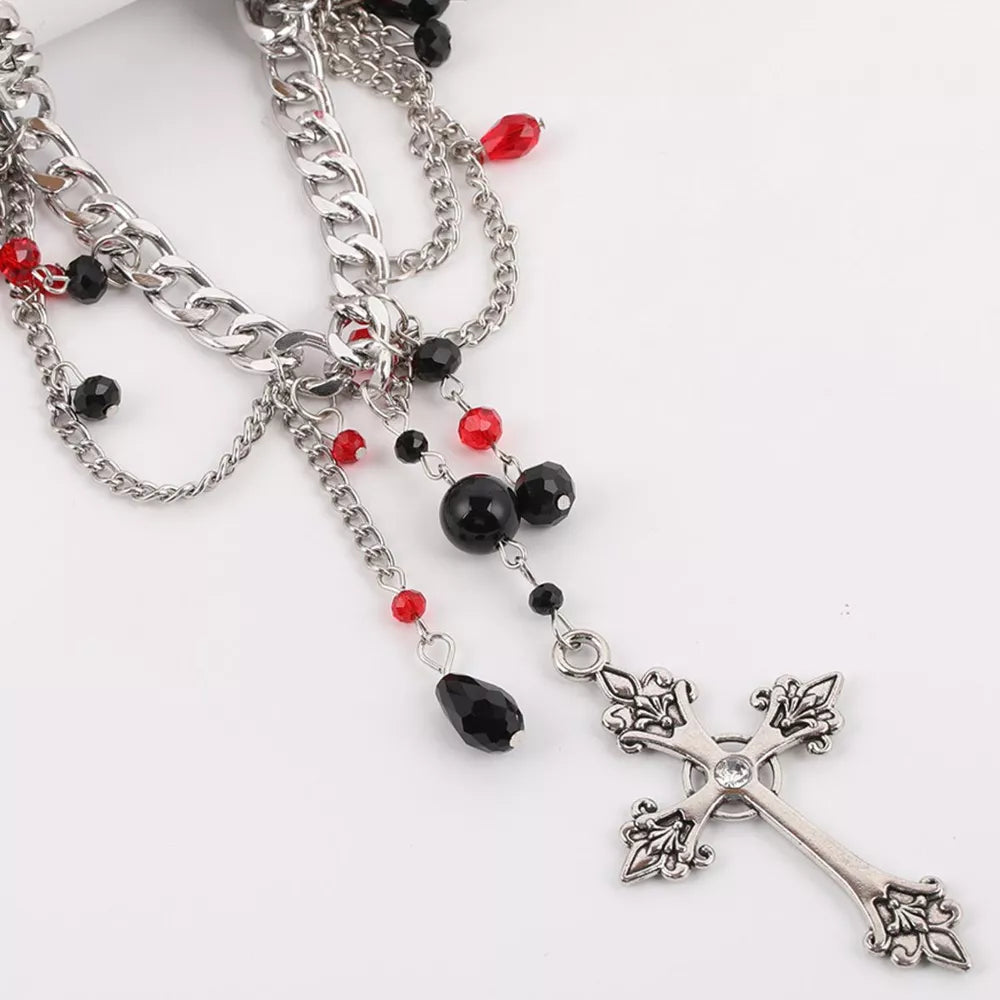 Gothic Cross Pendant Layered Necklace Silver Alloy Resin in red with layered design