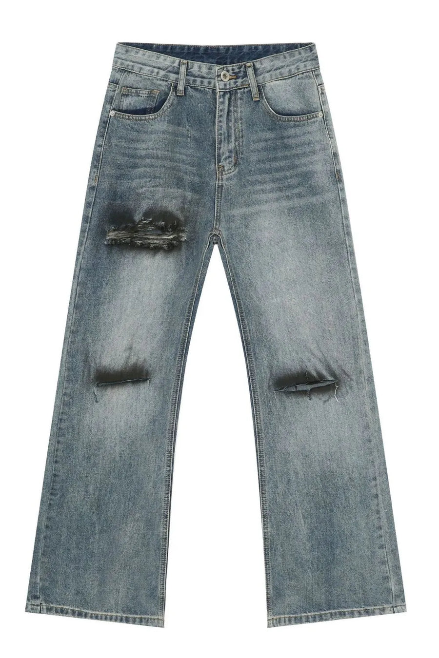 Distressed flare leg jeans in medium wash cotton denim with ripped details.