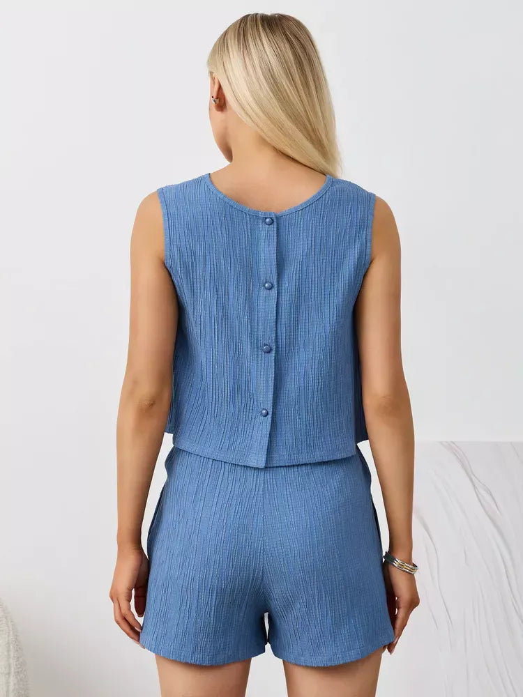 Blue textured cotton tank and shorts set with button back detail