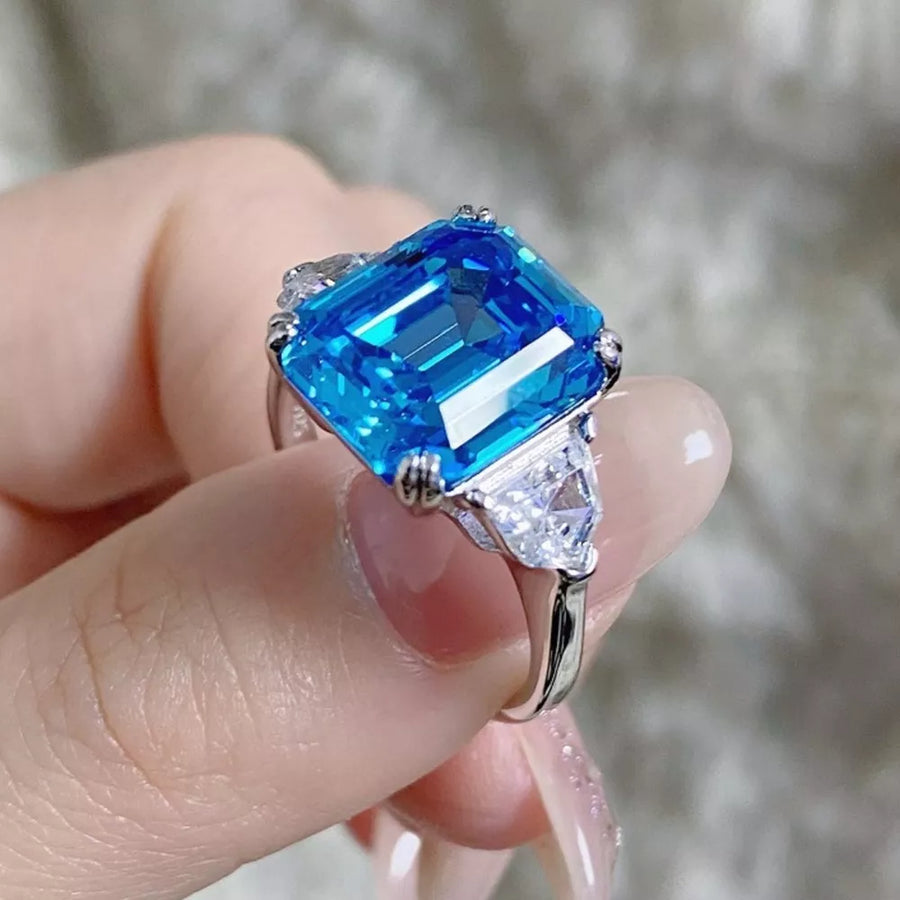 925 Sterling Silver Zircon Square Ring in blue with gemstone