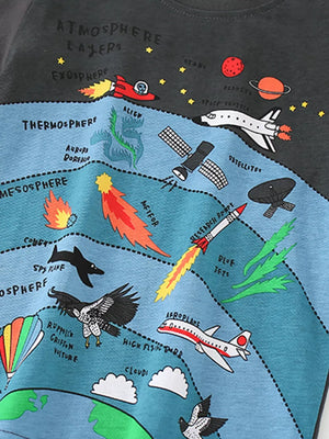 Toddler cotton t-shirt with earth atmosphere layers, planets, rockets, and airplanes graphic.