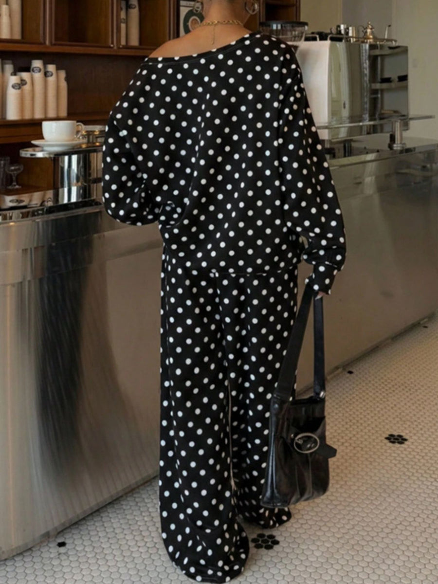 pajama set featuring polka dot in black with 100% polyester Care instructions: Machine wash cold texture