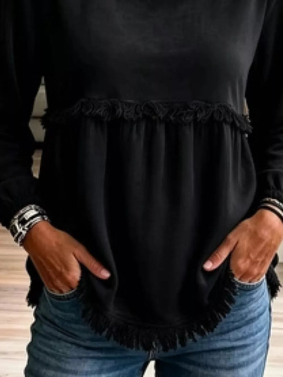 Fringed Hem Long Sleeve T-shirt in Navy
