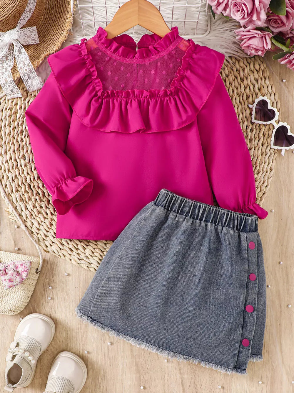 Rose Red Children's Ruffled Mesh Top And Denim Skirt Set