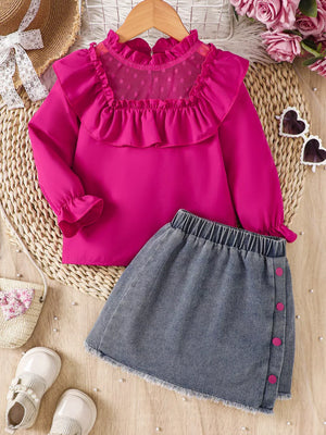 Rose Red Children's Ruffled Mesh Top And Denim Skirt Set