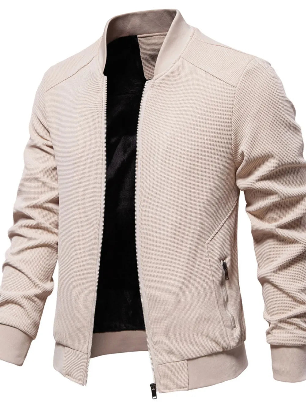 Textured knit bomber jacket in taupe with faux shearling lining and zip pockets.