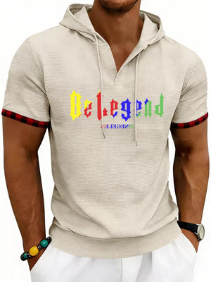 Men's Full Size Letter Graphic Short Sleeve Hooded Top in Royal Blue