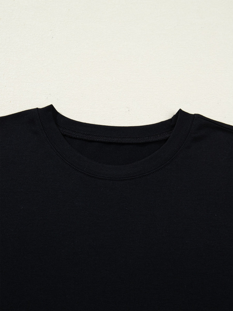 Black cotton t-shirt top with crew neck detail